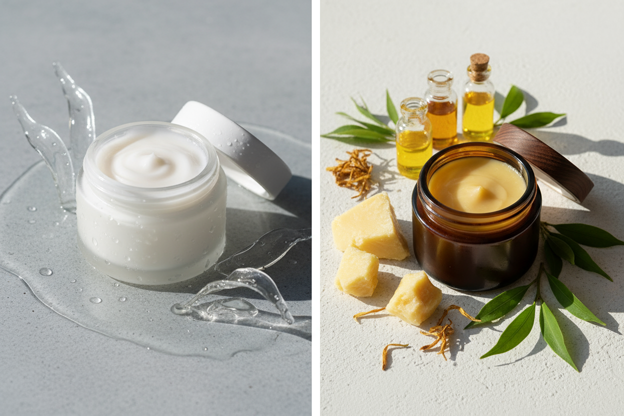 fait une creme a base d'eau vs un baume a base végétale (sans ecriture) 